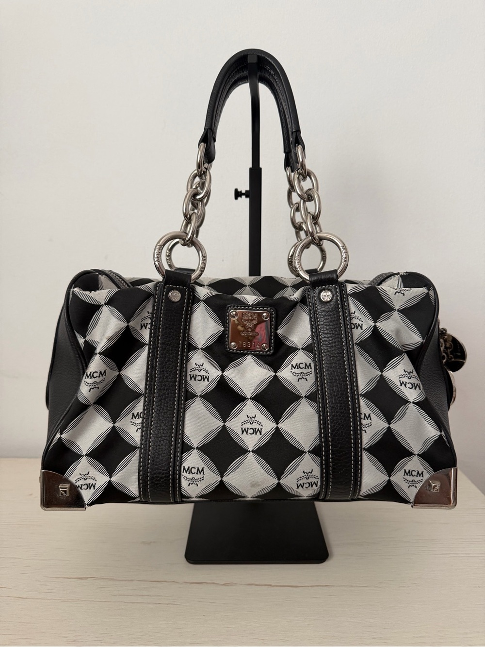 MCM Black and White Checkered Satchel with Silver Hardware